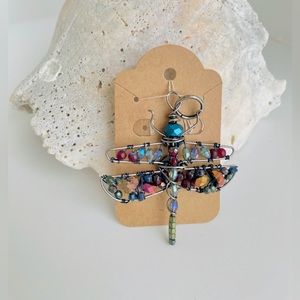 Artisan made dragonfly, glass beads, gunmetal wire wrap kaleidoscope pendant